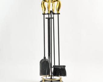 Mid Century Brass Horse Head Fire Place Tool Set Complete