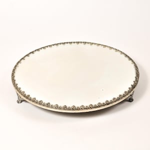 Footed Round Plateau Display Mirror | Vintage/Antique Mirror Tray with Ornate Detail and Raised Feet