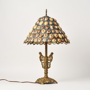 May include: A table lamp featuring a dome-shaped shade covered in numerous small, circular, brown and cream-colored seashells. The lamp base is made of ornate, metallic gold-toned brass with intricate scrollwork and a central twisted stem.