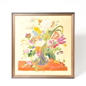 Incredible Vintage Crewel of Vibrant Floral Arrangement in Vase | Floral Crewel Wall Art | 1970&#39;s Original Embroidery Textile Art Framed