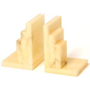 Vintage Italian Alabaster Bookends: Carved Stacked Book Design