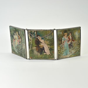 Vintage Trifold Vanity Mirror | Georgian Courting Couple Scenes | Vintage Hanging Trifold Mirror