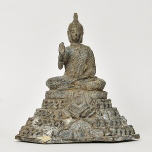 Vintage Thai Bronze Buddha Statue Multi Tier Throne with Disciples Rattanakosin Style