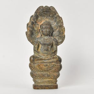 Vintage Khmer Style Bronze Naga Buddha Statue, 20th Century Cambodian Seated Meditation Buddha Figurine