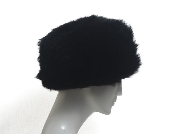 Vintage Black Fur Hat Black with Red Satin Lining… - image 7