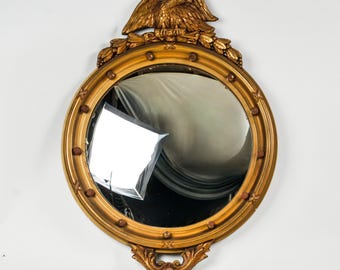 Large Antique Federal Eagle Convex Mirror Giltwood Bullseye Butler Mirror Circa 1920s