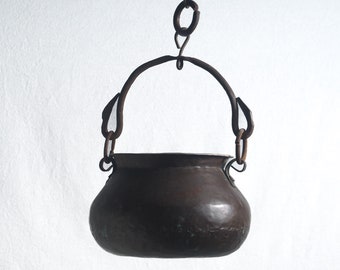 Authentic Antique Hand-Hammered Copper Cauldron with Forged Bail Handle - Vintage Kitchen Decor