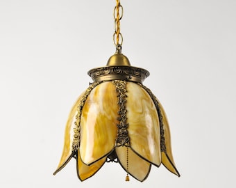 Vintage Slag Glass Tulip Pendant Light with Pull Chain New Socket and Wiring