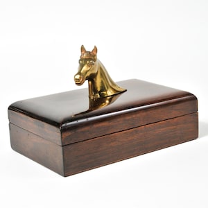Brass Horse Topped Wooden Jewelry Box | Vintage Wood Dresser Box with Horse | Horse Lover Gift | Horse Collectible | Men&#39;s Jewelry Box