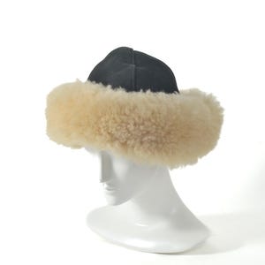 Vintage 1970&#39;s Suede Shearling Hat Black and Tan | Women&#39;s Vintage Sheepskin Hat