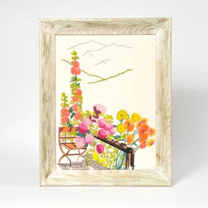 1970&#39;s Floral Crewel Wall Hanging | Framed Vintage Crewel Needlework Textile Art with Flowers Erica Wilson Design