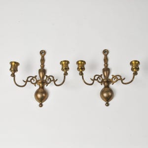 Vintage Solid Brass Candle Sconce Pair Double Scroll Arm