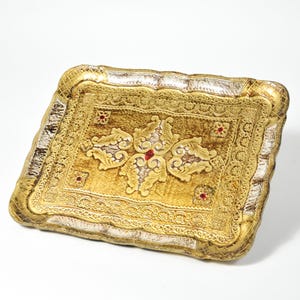 Vintage Gold Florentine Tray | 14&quot; Long Rectangle Decorative Tray | Hand Painted Italian Wood Tray