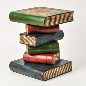 Vintage Stacked Book Carved Wood Plant Stand Short End Table