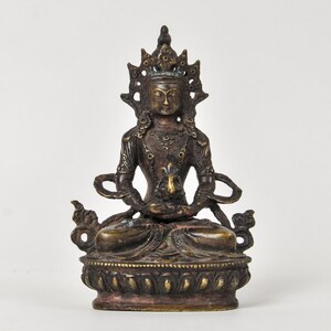 Vintage Tibetan Bronze Amitayus Statue Buddhist Deity Figure, Long Life Buddha Altar Decor Sculpture 5.75"
