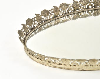 Large Floral Lace Filigree Vintage Mirror Tray