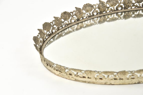 Large Floral Lace Filigree Vintage Mirror Tray