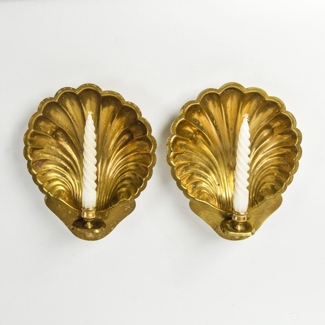Pair of Brass Shell Wall Sconces Vintage Seashell Candle Holders - Etsy