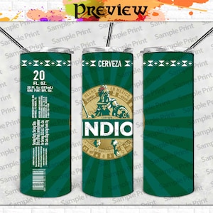 May include: A green and gold can with the text "INDIO" and "CERVEZA" on it. The can is 20 fluid ounces and is made in Mexico.