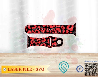 May include: A laser cut file for a red and black leopard print Apple Watch band. The file is in SVG format and is ready to be used for crafting projects.