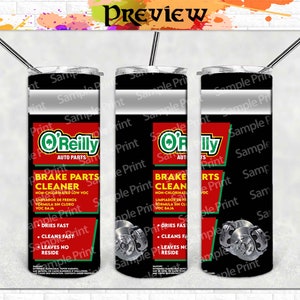 May include: Three stainless steel tumblers with a black and red design featuring the O'Reilly Auto Parts logo and brake parts cleaner product information. The tumblers have a silver lid and a straw.