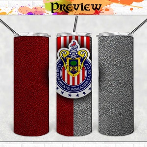 May include: Three stainless steel tumblers with a red, white, and gray design. The center tumbler features a red and white striped design with a crest that says "Club Deportivo Guadalajara S.A. de C.V."