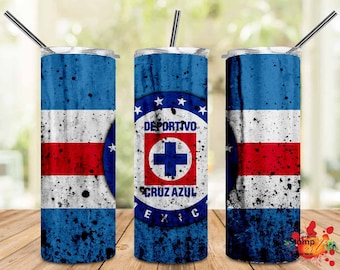 May include: A stainless steel tumbler with a blue, white, and red design, featuring the text "DEPORTIVO CRUZ AZUL MEXICO". The tumbler has a distressed, weathered look and includes a silver straw.