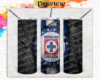 May include: Three stainless steel tumblers with a black, blue and white design. The centre tumbler features the words "REPARTIVO" and "CRUZ AZUL" with a red cross.