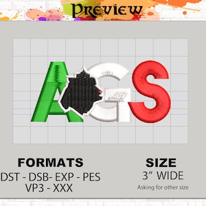 May include: Embroidered design of the letters "AGS" in green, white, and red. The "G" is a white outline with a black and red interior. The design is 3 inches wide.