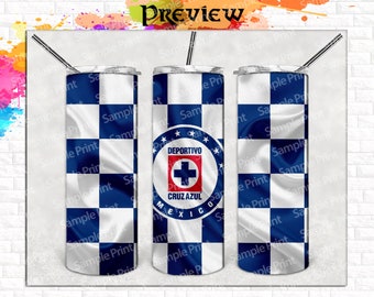 May include: Three stainless steel tumblers with a blue and white chequered pattern. The centre tumbler has a logo with the text "DEPORTIVO CRUZ AZUL MEXICO" in a circle.