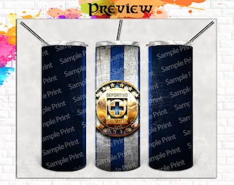 May include: Three stainless steel tumblers with a blue and white striped design. The centre tumbler features a gold emblem with the words "DEPORTIVO" and "CRUZ AZUL" in a blue and white font. The tumblers are ideal for holding drinks.