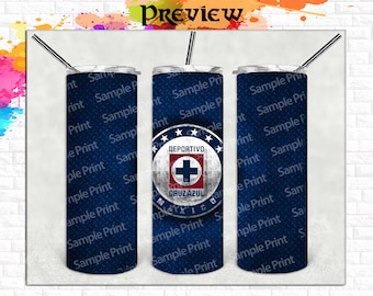 May include: A blue and white tumbler featuring a graphic of the Club Deportivo Cruz Azul logo. The logo is a red cross within a white circle with the words "DEPORTIVO" and "CRUZ AZUL" in black text. The tumbler has a textured surface and the words "Sample Print" are repeated around the tumbler.