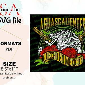 May include: A black and green digital design featuring a stylised eagle with outstretched wings, holding two pistols. The eagle is surrounded by a green wreath and a banner that reads "AGUASCALIENTES HECHO EN MEXICO".