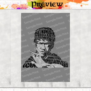 May include: A grayscale portrait of Bruce Lee, composed of words related to his life and martial arts. The image features the word "Preview" at the top and "Sample Print" repeated throughout the background.