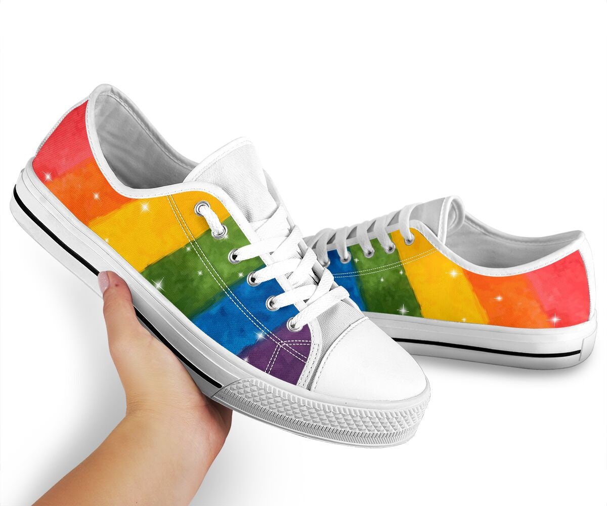 Rainbow Glittery White Canvas Low Top Shoes Custom Shoes | Etsy