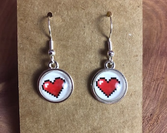 Nintendo Zelda Inspired Classic Retro 8bit heart Earrings Silver Hooks