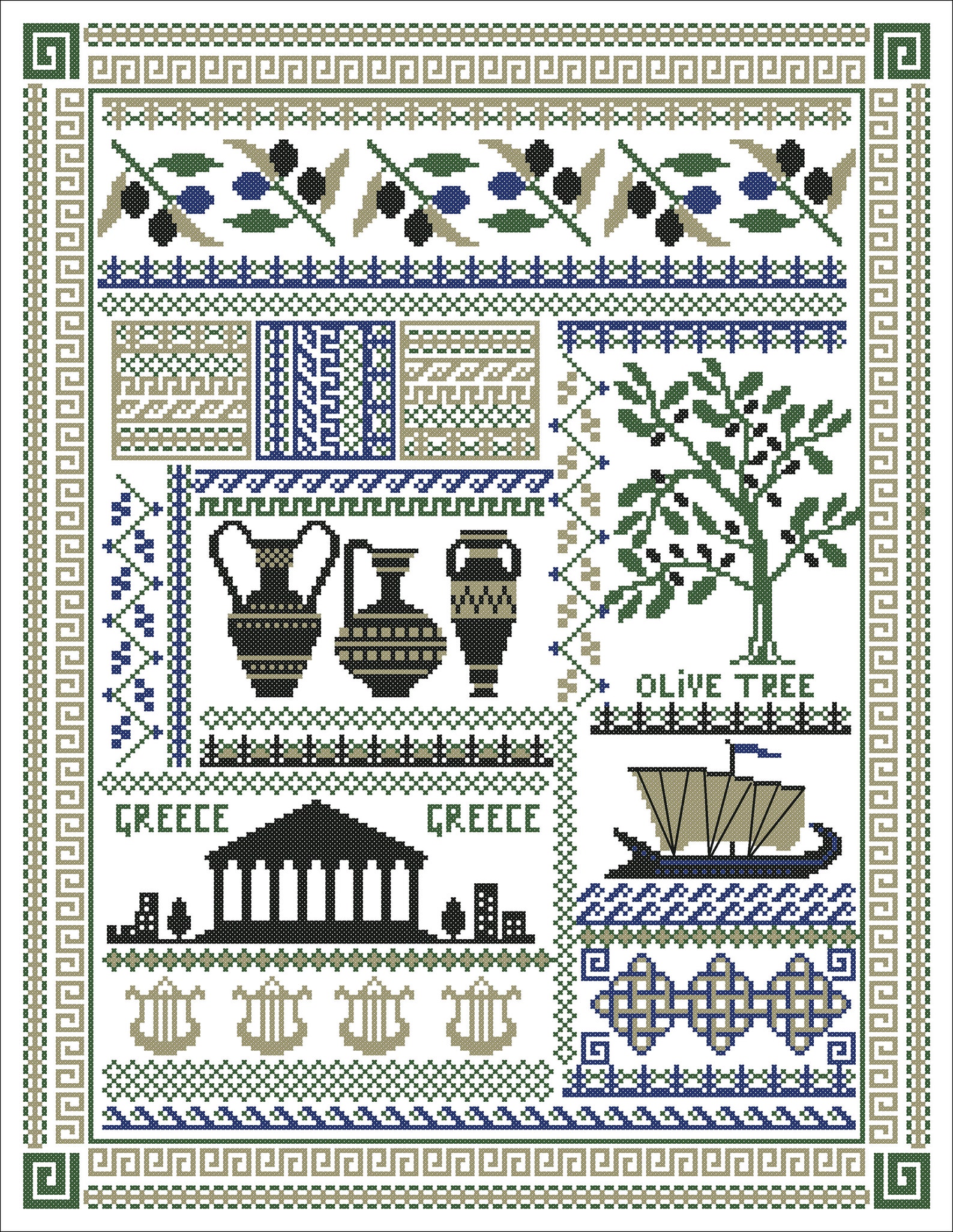 Sampler Greece for cross stitch attributes of Greece on a Etsy
