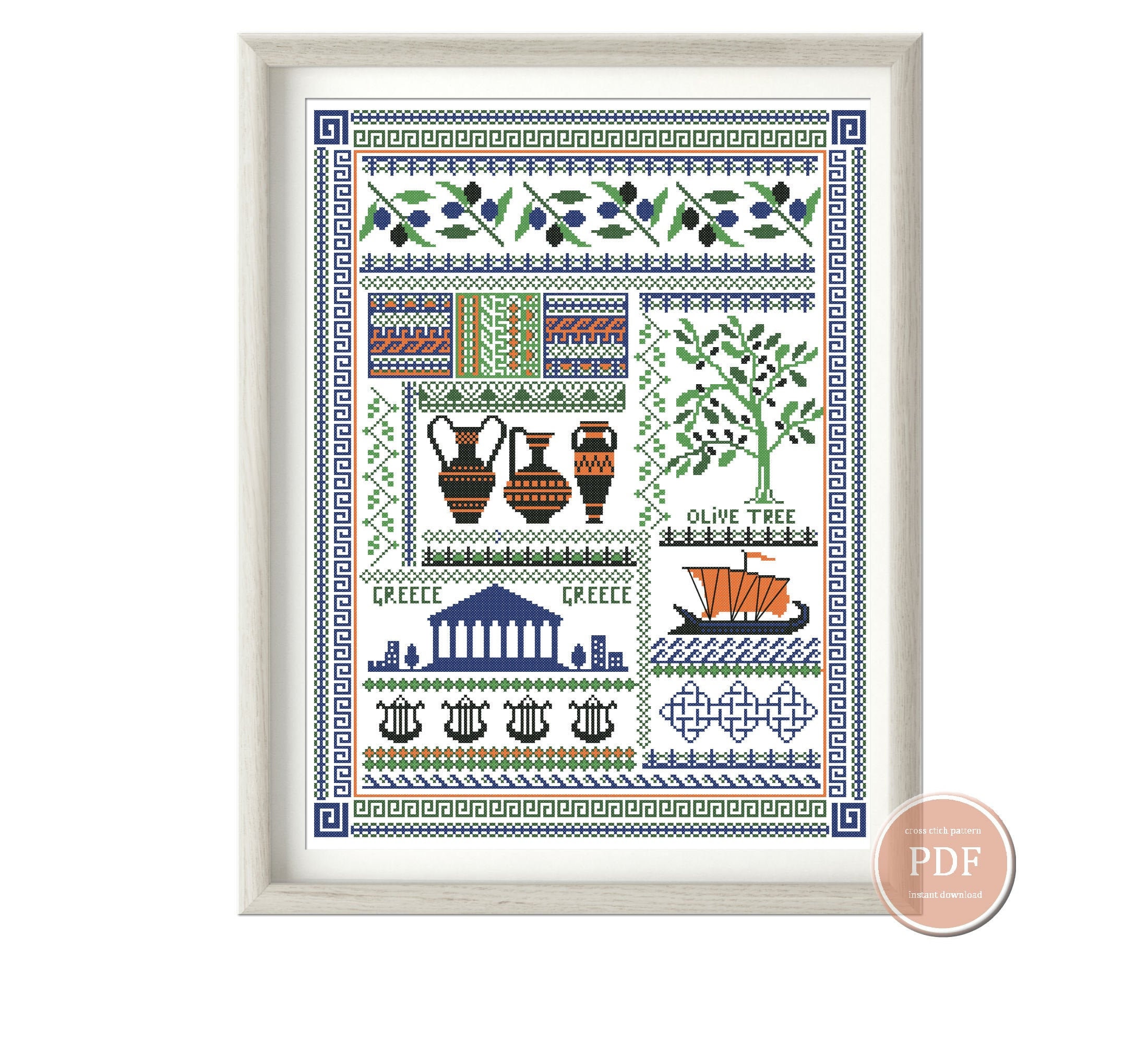 Sampler Greece for cross stitch attributes of Greece on a Etsy