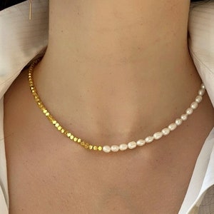 Freshwater Pearl Choker,  Gold Hematite, Gemstone Beaded Necklace, Semi Necklace, Rice Pearl Necklace,  Aesthetic Necklace