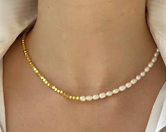 Freshwater Pearl Choker,  Gold Hematite, Gemstone Beaded Necklace, Semi Necklace, Rice Pearl Necklace,  Aesthetic Necklace