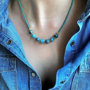 Turquoise Necklace | Throat Chakra Necklace | Beaded Necklace Gemstone | Womens Gift | Choker Necklace|Asthetic Necklace |Gold Hematite