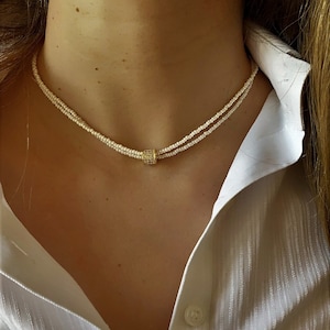 Double Glass Pearl Necklace |  Gold Plated  Dainty Pearl Choker | Aesthetic Necklace | Gift for Her | Gift Idea