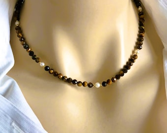 Tiger's Eye Beaded Necklace | Gemstone Necklaces | Gold Plated Closure | Positive Energy | Gift for Her