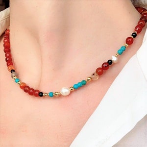 Agate Necklace| Beaded Necklace | Women Healing Crystal Necklace|Orange Agate Necklace|Gift for Her | Dainty Necklace| Aesthetic Necklace |