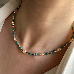 Turquoise Necklace|Beads and Pearl Necklace|Anxiety Relief Hematite Necklace |Gold and Beaded Jewelry | Healing Crystal Necklace| Jasper