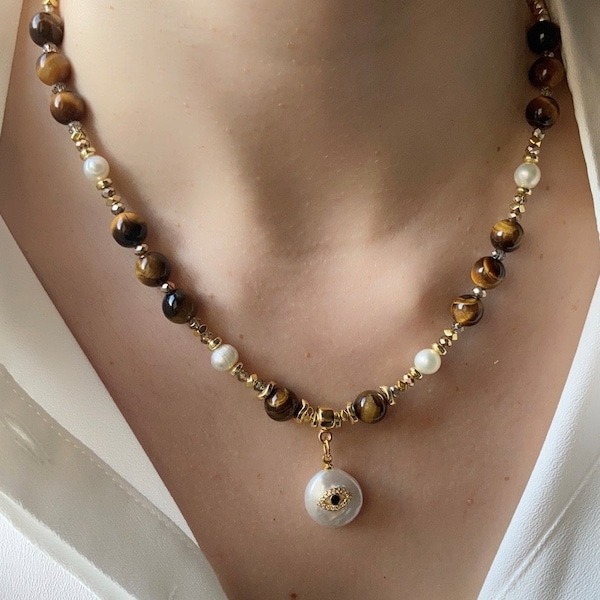Tiger's Eye Gemstone Necklace | Brown Necklace with Baroque Pearl | Beaded Necklace | Earth Tones Necklace | Positive Energy |Necklace Women
