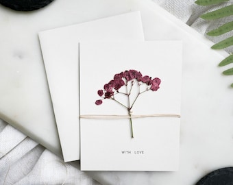 Customizable Pressed Flower With Love Card | Handmade | Romantic Minimalist Baby's Breath Stationery Set
