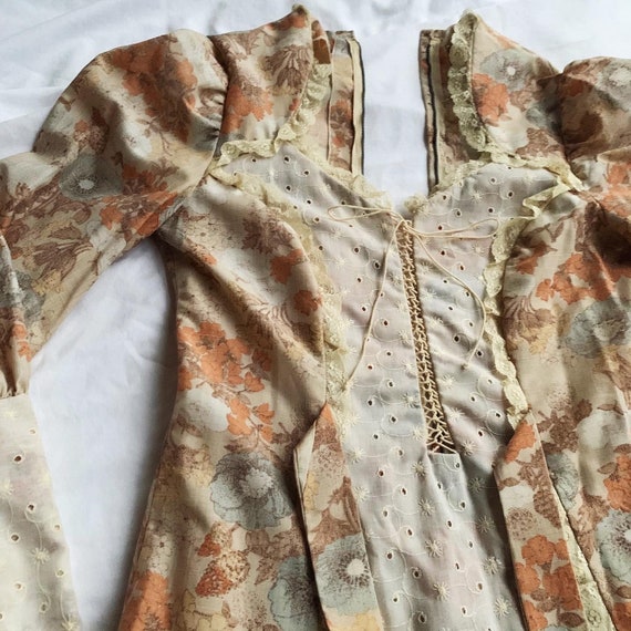 Orange Floral 1970s Prairie Dress With Lace Up Det