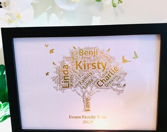 Real Foil Personalised Word Art Family Tree Print /  Family Keepsake / Family Gift / Family Tree / Family Generation Gift / Anniversary Gift