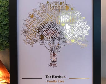 Real Foil Personalised Family Tree Art Print / Family Keepsake Gift / Family Birthday Gift / Unique Family Gift / Special Family Gift